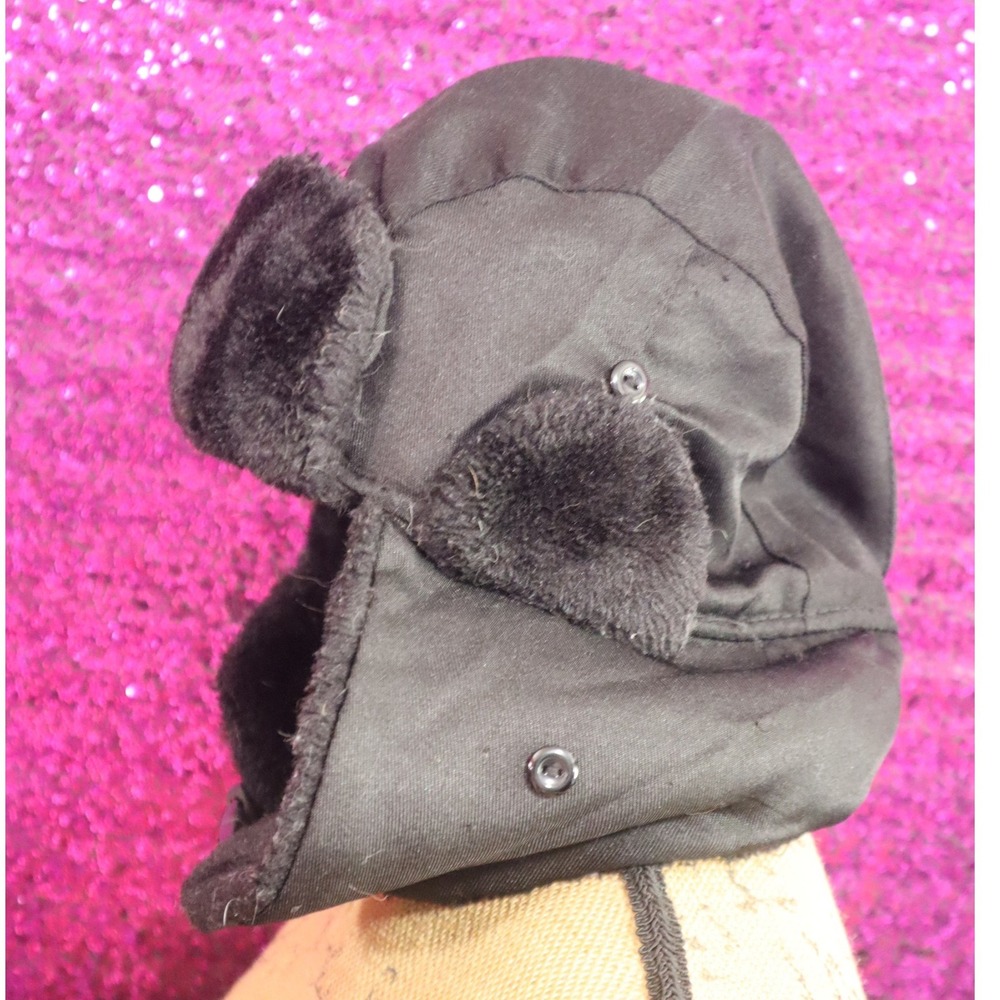 Black Trapper Hat One Size Unisex Faux Fur Ear Flaps Winter Snow Warm Cozy